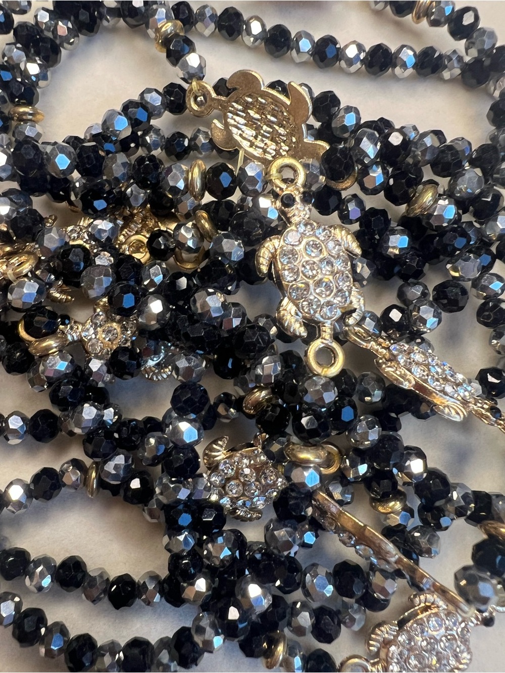 Gold Turtle Crystal with Black and Metallic Beaded Bracelet NWOT